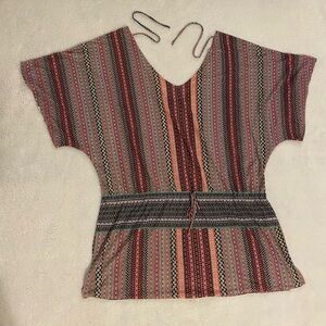 Prana Pink and Green Asymmetrical Dolman Sleeve Blouse